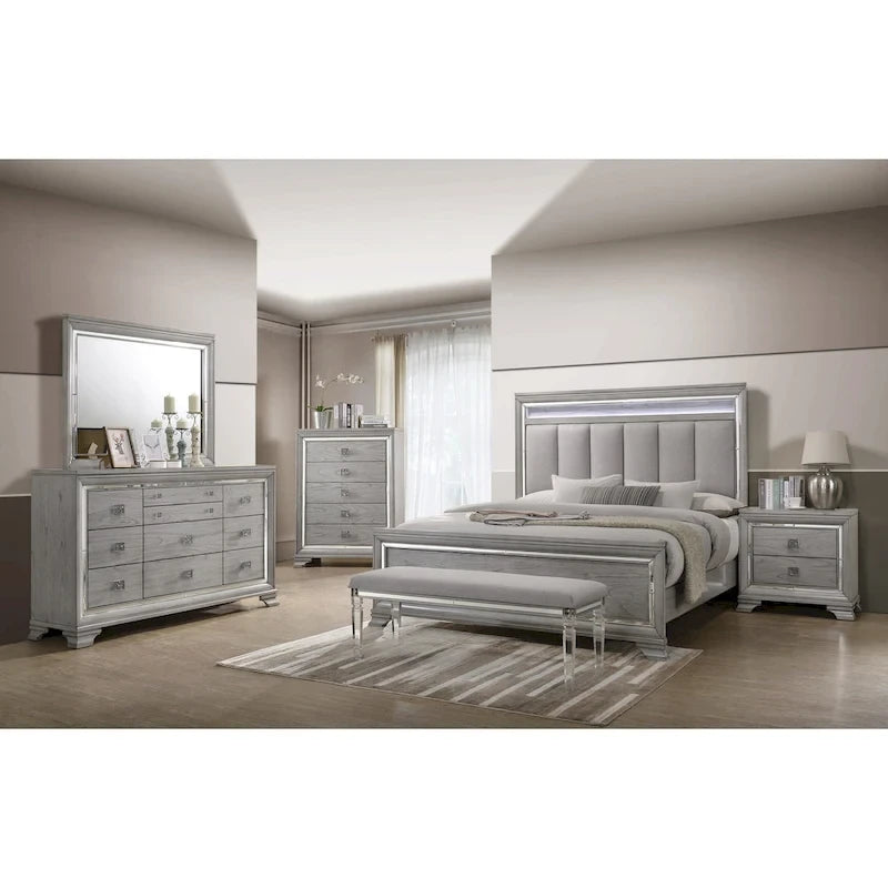 Evonne 6 Piece Gray LED Upholstered Panel Bedroom Set