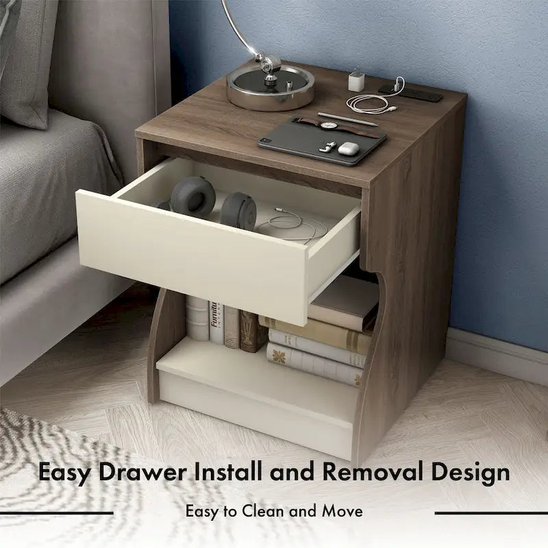 DH BASIC Modern Chestnut Brown 1-Drawer Nightstand with Charging Station and Hidden Storage by Denhour