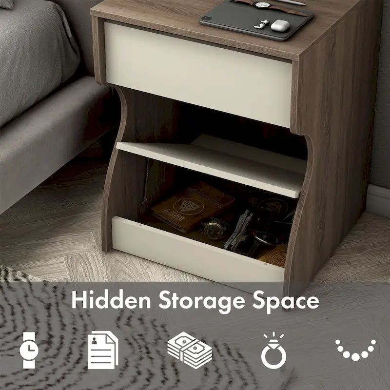 DH BASIC Modern Chestnut Brown 1-Drawer Nightstand with Charging Station and Hidden Storage by Denhour