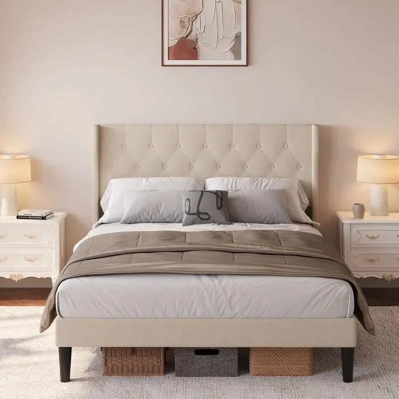 Modern Upholstered Platform Bed Frame, Velvet Bed Frame with Wingback Headboard