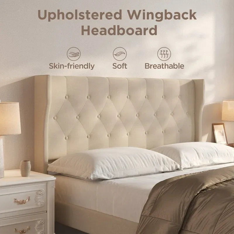 Modern Upholstered Platform Bed Frame, Velvet Bed Frame with Wingback Headboard