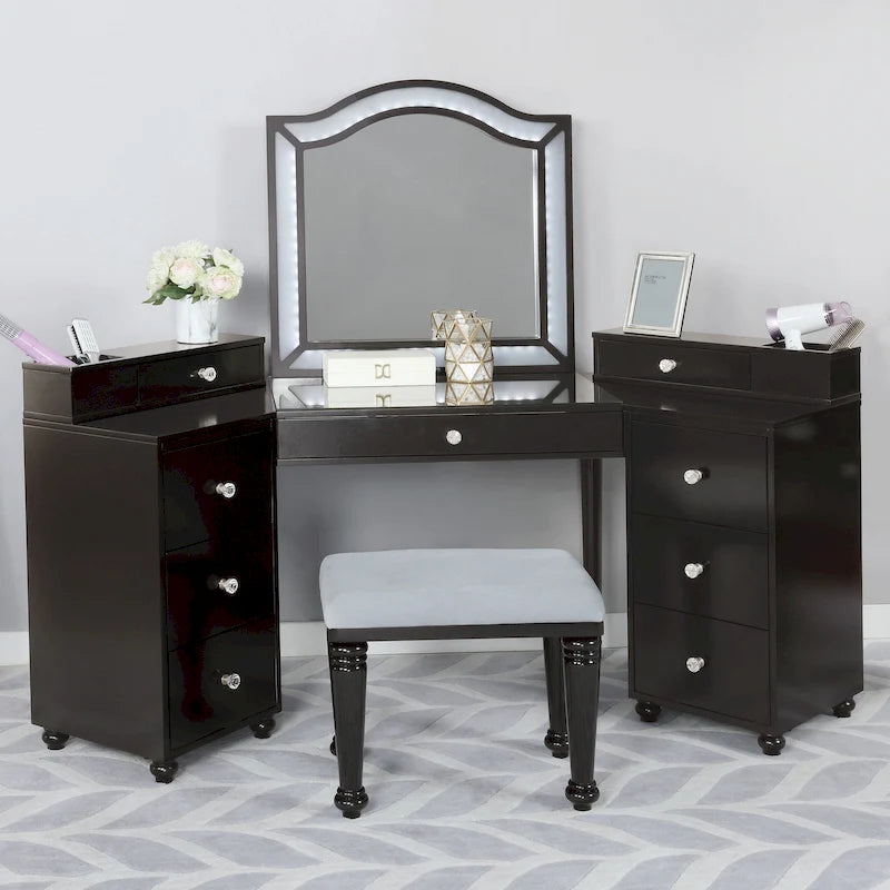 Furniture of America Ulru Transitional Solid Wood 3-Piece Makeup Vanity Set with LED