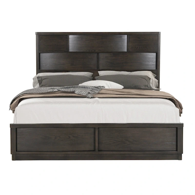 Roundhill Furniture Belani Wood Panel Bed Set, Bed, Dresser, Mirror, and Two Nightstands, Espresso