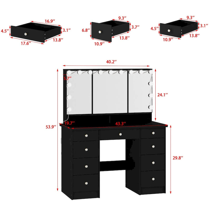 40.2W Beauty Station with 3 Mirrors Makeup Vanity for Dressing