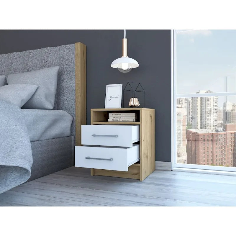 TUHOME Eter 2-Drawer Nightstand End Table with Metal Handles and Open Shelf