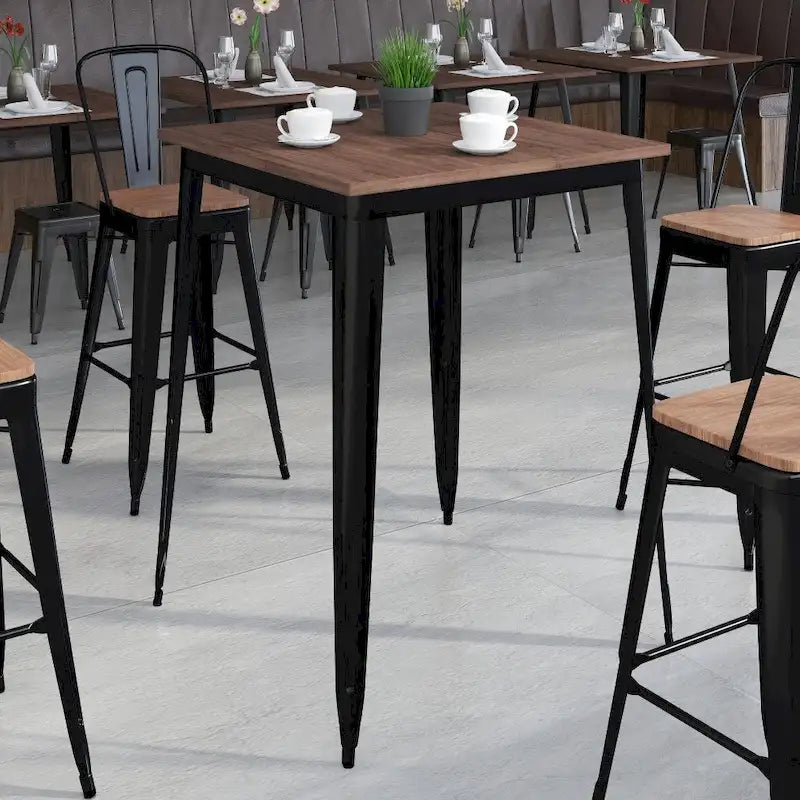 31.5 Square Metal Indoor Bar Height Table with Rustic Wood Top - 31.5W x 31.5D x 42H - 31.5W x 31.5D x 42H