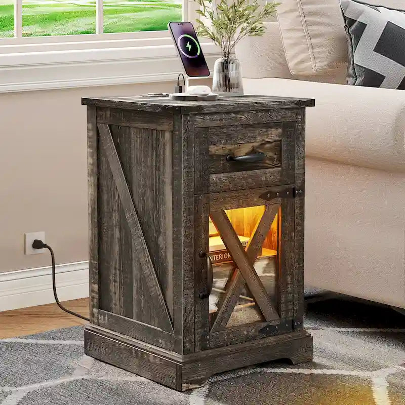 Moasis LED End Table with Shelf and Drawer, Side Table with Charging Station Power Outlet