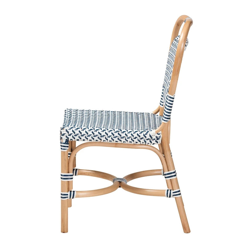 Luciana Modern French Blue and White Weaving Natural Rattan Bistro Chair