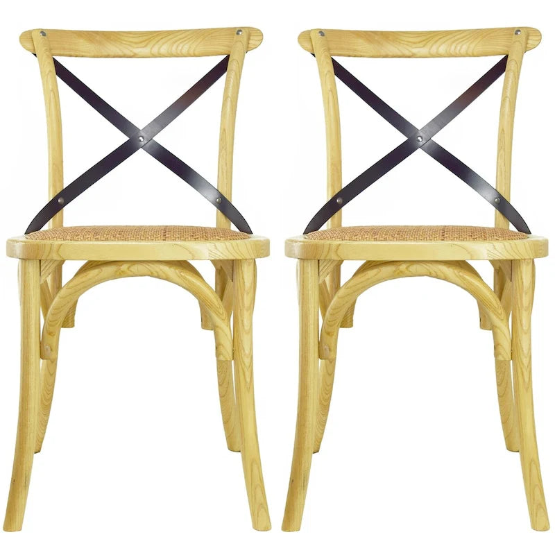 Set of 2 Wood Antique Farmhouse Cross Back Dining Chairs Rattan With X Back Dark Bedroom Restaurants Hotel