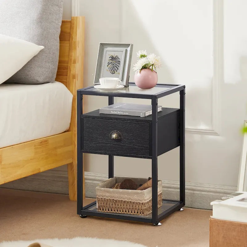 VECELO (Set of 2) Modern 1-Drawer Nightstand with 2-tier Glass Shelves