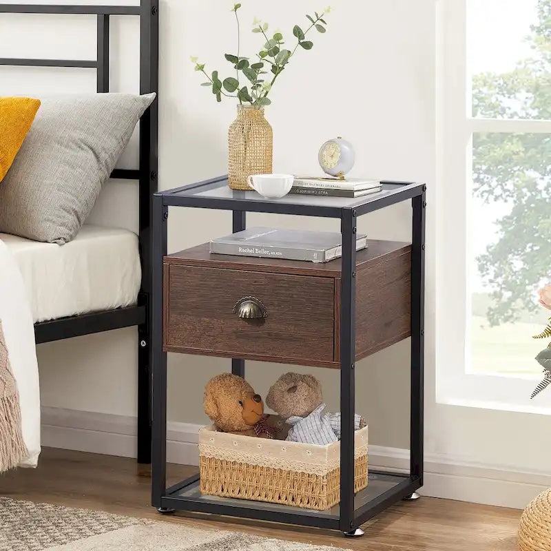 VECELO (Set of 2) Modern 1-Drawer Nightstand with 2-tier Glass Shelves