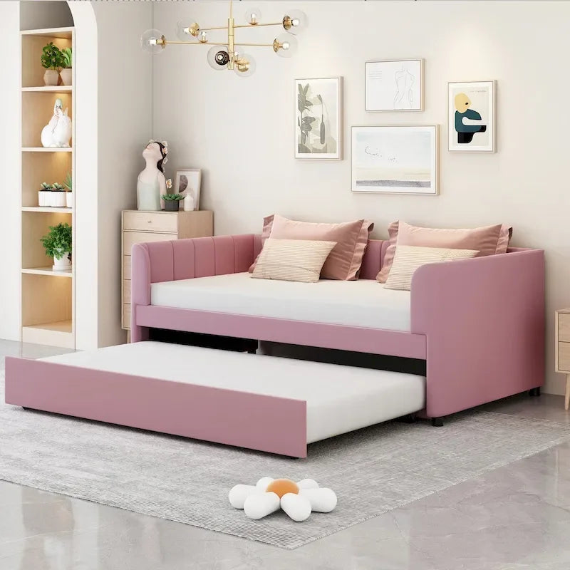 Twin Size Upholstered Daybed with Ergonomic Design Backrest and Trundle