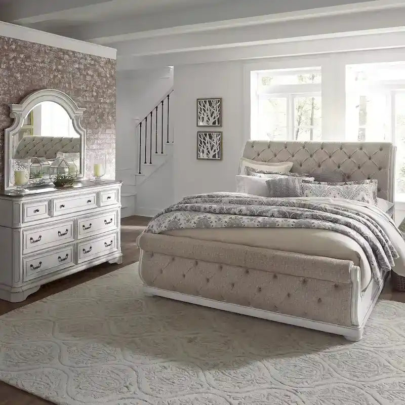Magnolia Manor Antique White & Weathered Bark Upholstered Sleigh Bed, Dresser and Mirror Set