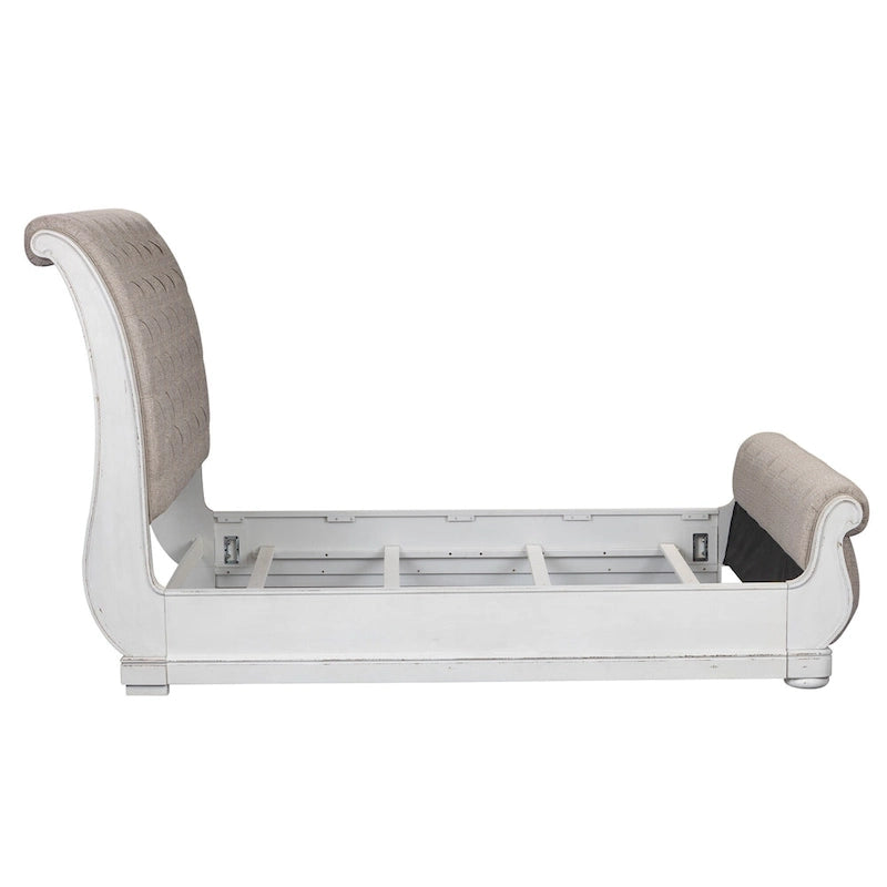 Magnolia Manor Antique White & Weathered Bark Upholstered Sleigh Bed, Dresser and Mirror Set