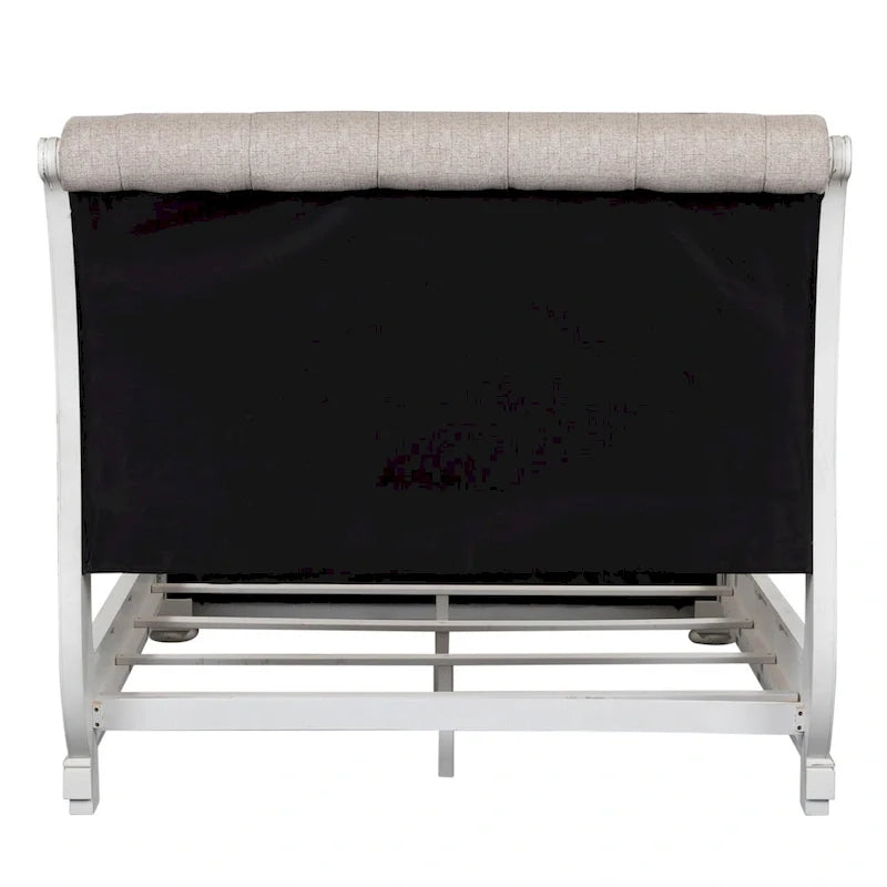 Magnolia Manor Antique White & Weathered Bark Upholstered Sleigh Bed, Dresser and Mirror Set