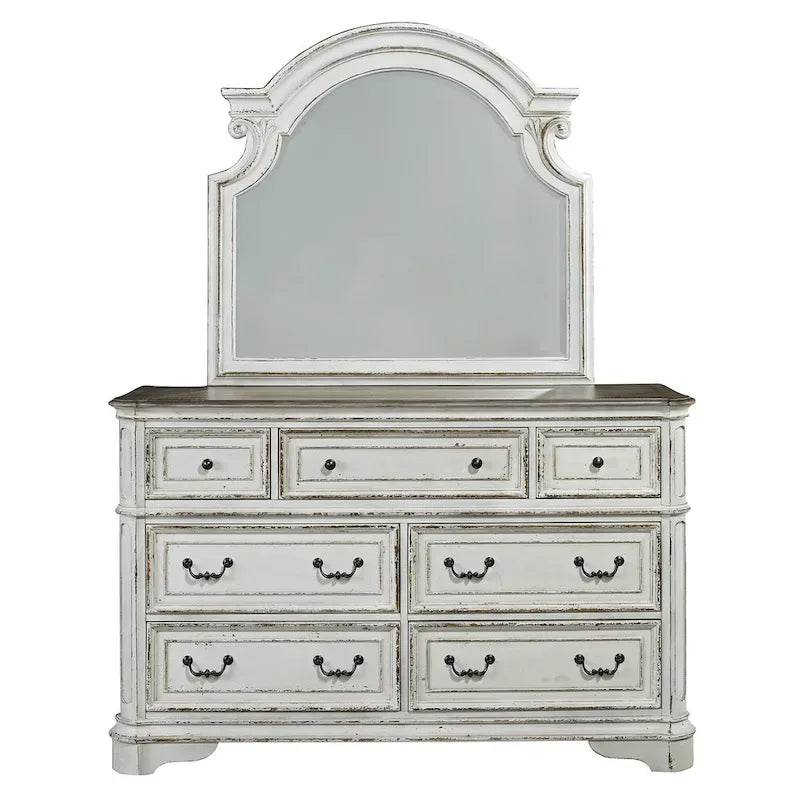 Magnolia Manor Antique White & Weathered Bark Upholstered Sleigh Bed, Dresser and Mirror Set