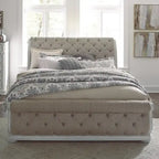 Magnolia Manor Antique White & Weathered Bark Upholstered Sleigh Bed, Dresser and Mirror Set