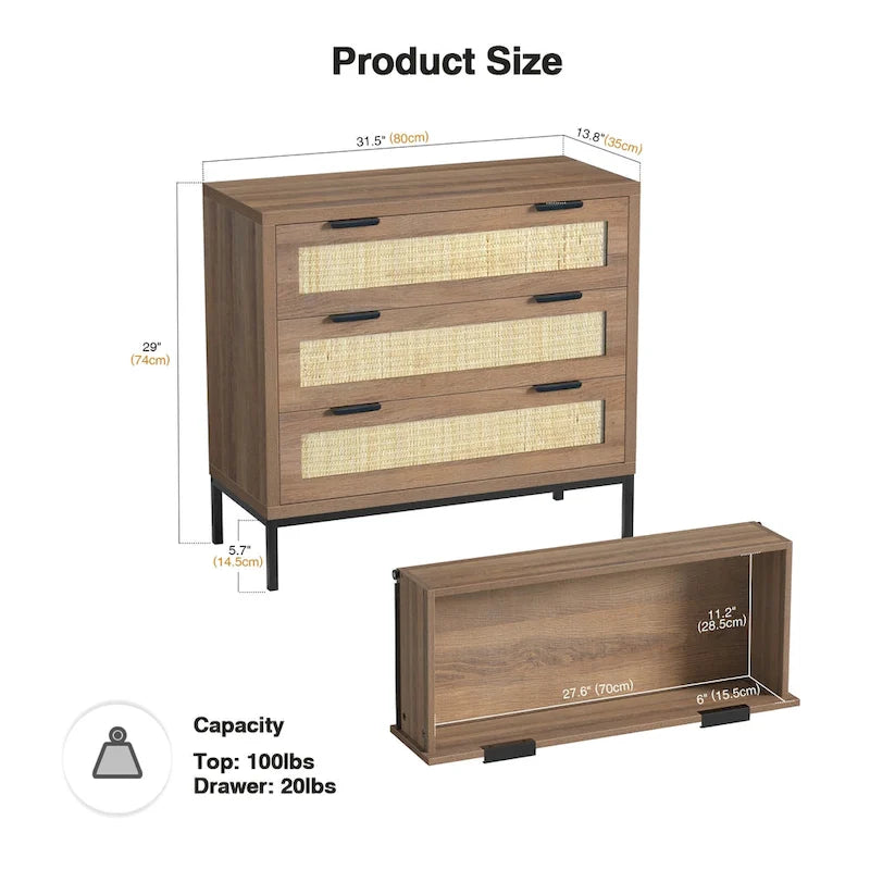 Anmytek Modern 3-Drawer Brown Dresser Rattan Chest of Drawers Storage Cabinet for Bedroom