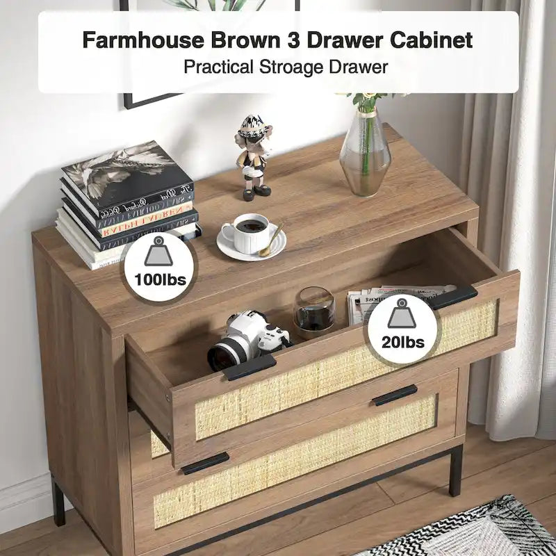 Anmytek Modern 3-Drawer Brown Dresser Rattan Chest of Drawers Storage Cabinet for Bedroom