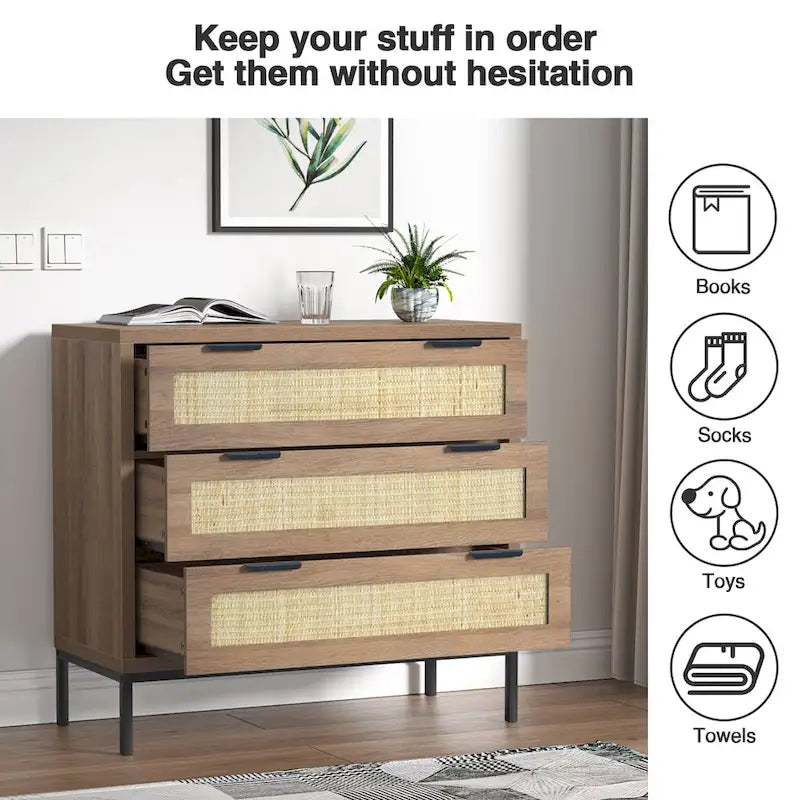 Anmytek Modern 3-Drawer Brown Dresser Rattan Chest of Drawers Storage Cabinet for Bedroom