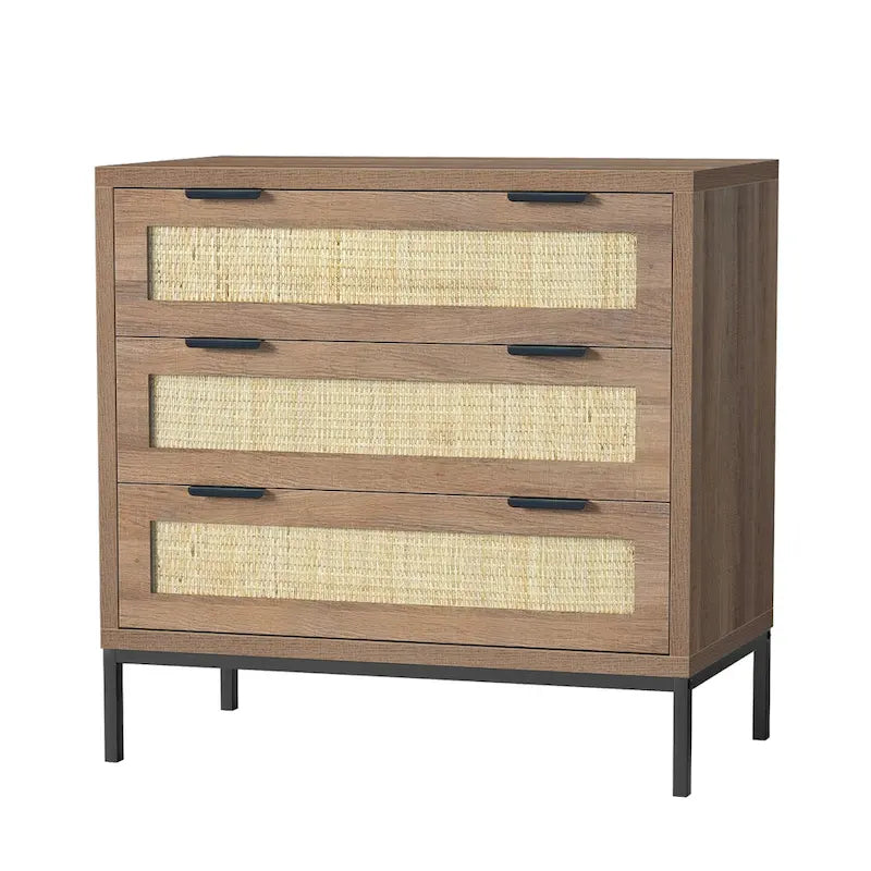 Anmytek Modern 3-Drawer Brown Dresser Rattan Chest of Drawers Storage Cabinet for Bedroom