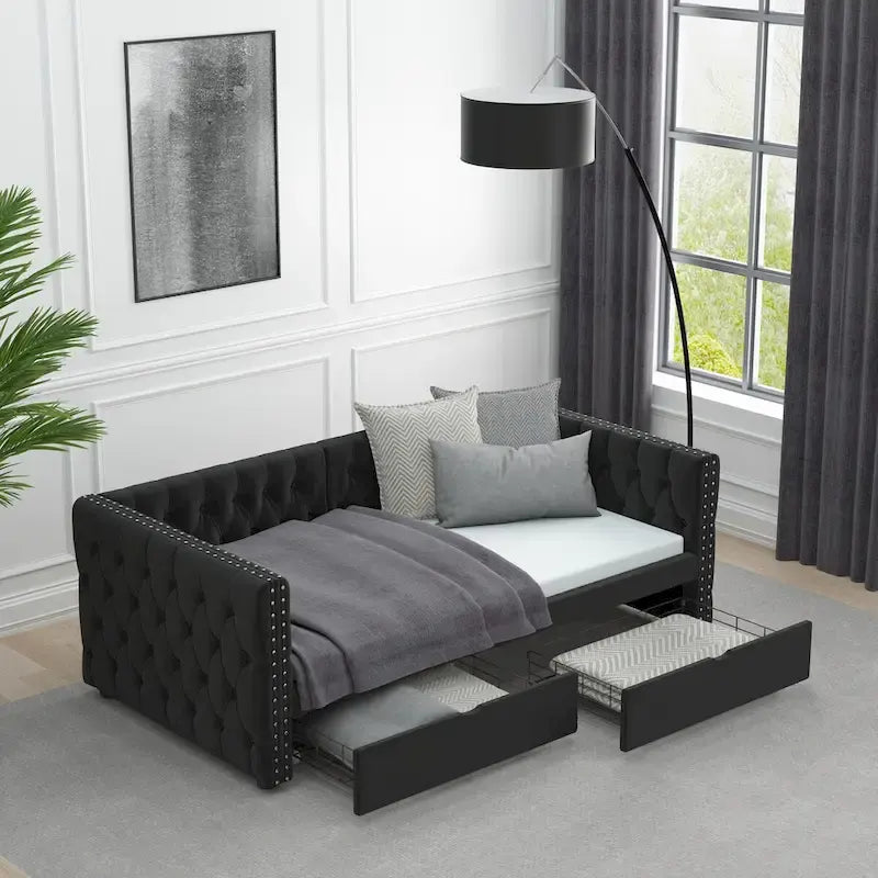 Twin Size Daybed with Drawers Upholstered Tufted Sofa Bed
