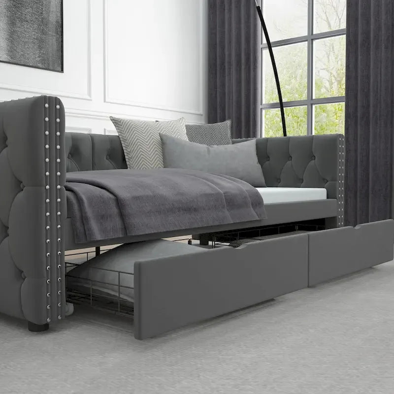 Twin Size Daybed with Drawers Upholstered Tufted Sofa Bed