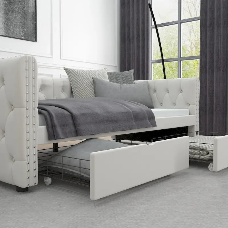 Twin Size Daybed with Drawers Upholstered Tufted Sofa Bed