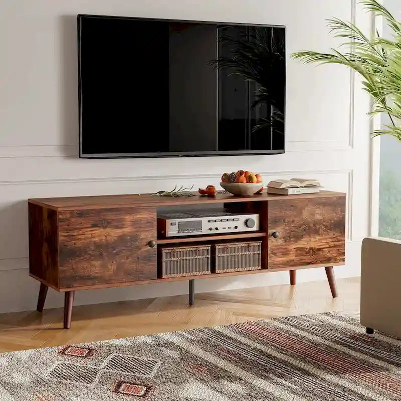 TV Stand, Mid Century Modern TV Stand for 55/60 inch TV, Farmhouse TV Stand, Entertainment Center for Living Room