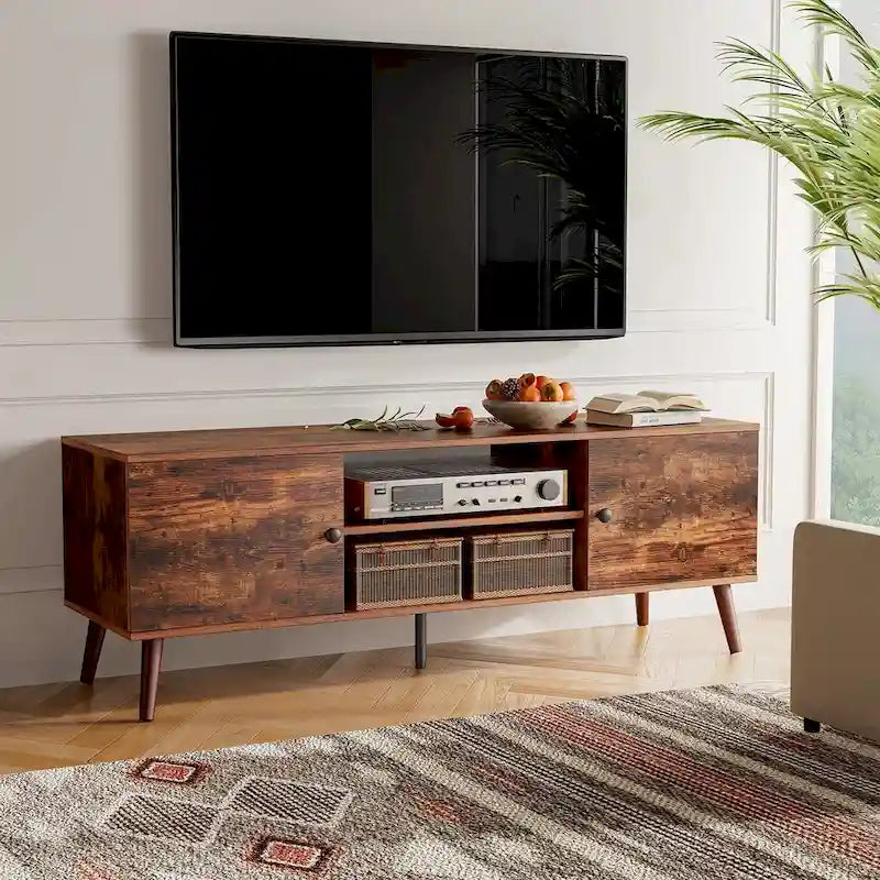 TV Stand, Mid Century Modern TV Stand for 55/60 inch TV, Farmhouse TV Stand, Entertainment Center for Living Room