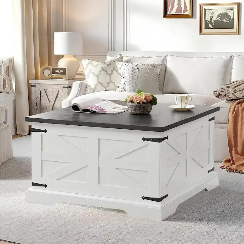Roomfitters Farmhouse Coffee Table with Lift Top Square, Wood Center Table, Square Wood Center Table with Hidden Storage