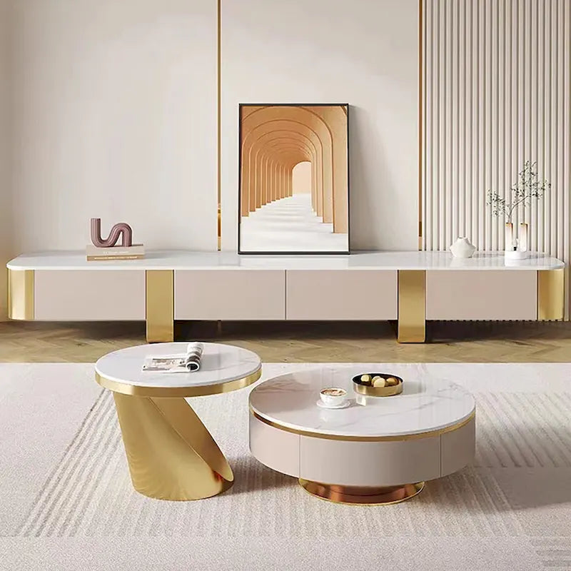 78.7 Modern TV Stands, White Glossy sintered stone top, gold legs, 4 Drawers - 78.74