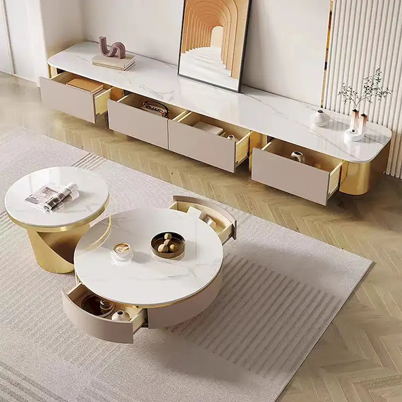 78.7 Modern TV Stands, White Glossy sintered stone top, gold legs, 4 Drawers - 78.74