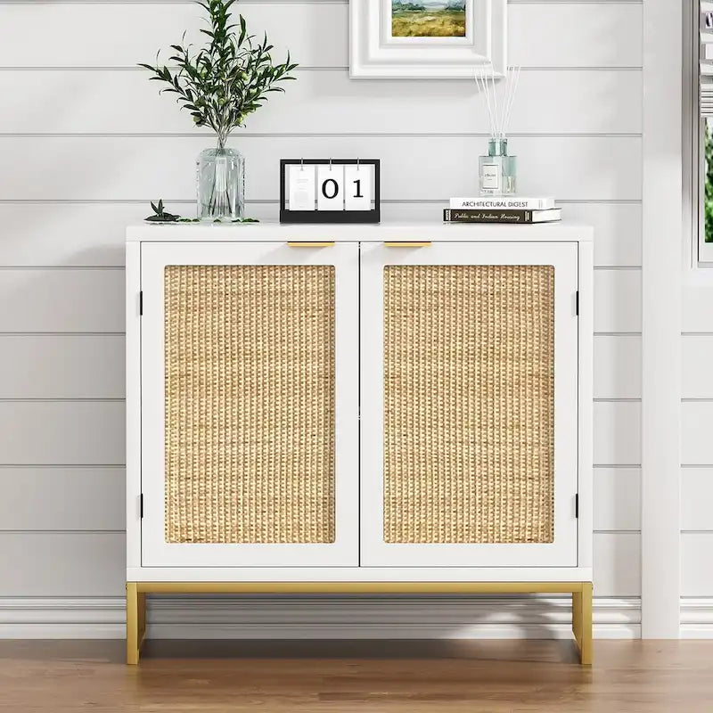 Modern 2-Door White Rattan Buffet Sideboard Wood Kitchen Accent Storage Cabinet