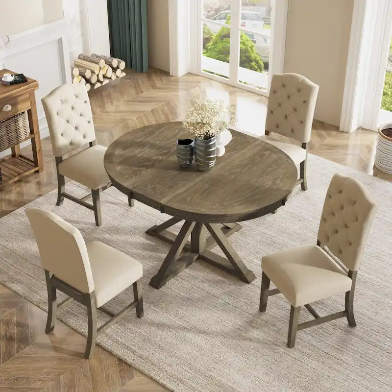Functional Dining Table Set with Extendable Table and 4 Upholstered Chairs