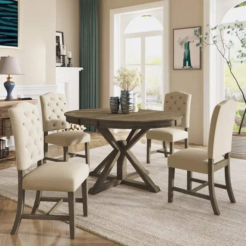 Functional Dining Table Set with Extendable Table and 4 Upholstered Chairs