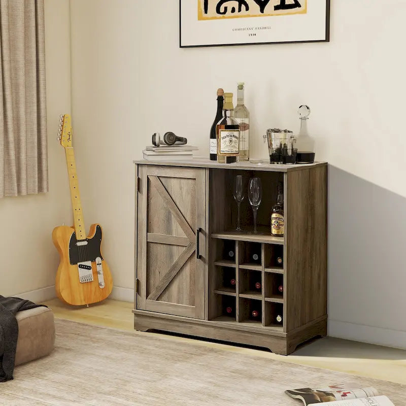 Barn Door Buffet Bar Cabinet with Wine Rack Sideboard Cabinet
