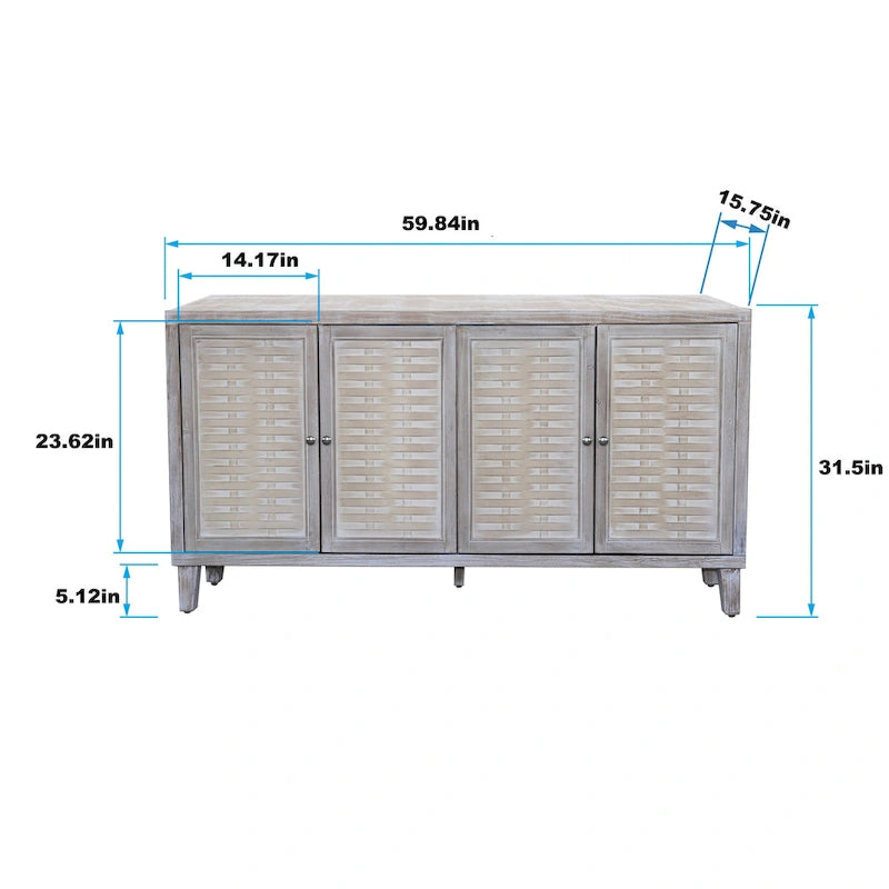 60-in Farmhouse Natural Wood Wash 4 Door Wooden Sideboard Buffet Server Accent Storage Cabinet