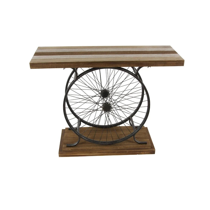 Wood Bike Wide Slatted Top Console Table with Dual Wheel Frame and Tiered Base - Brown or Blue - Roche River Decor