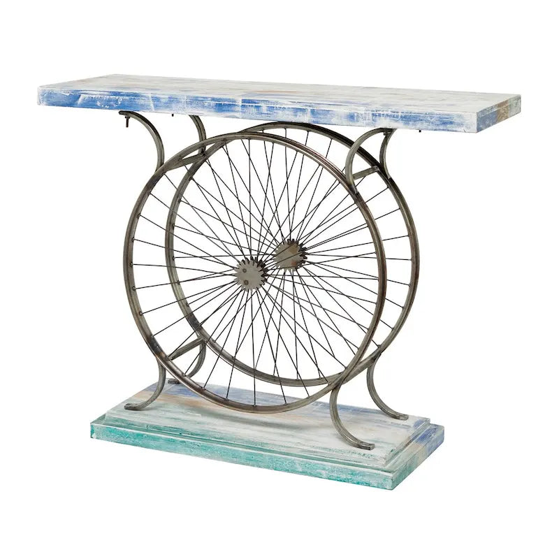 Wood Bike Wide Slatted Top Console Table with Dual Wheel Frame and Tiered Base - Brown or Blue - Roche River Decor