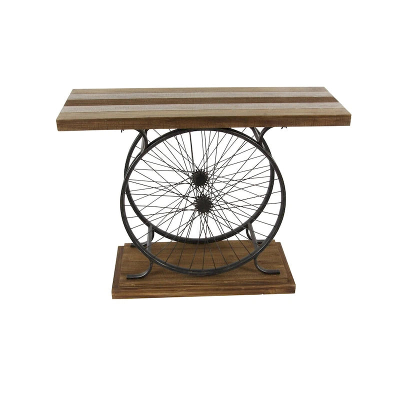 Wood Bike Wide Slatted Top Console Table with Dual Wheel Frame and Tiered Base - Brown or Blue - Roche River Decor