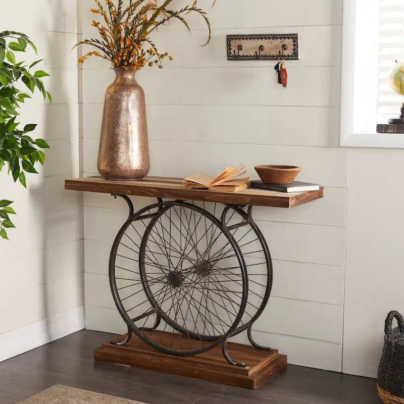 Wood Bike Wide Slatted Top Console Table with Dual Wheel Frame and Tiered Base - Brown or Blue - Roche River Decor