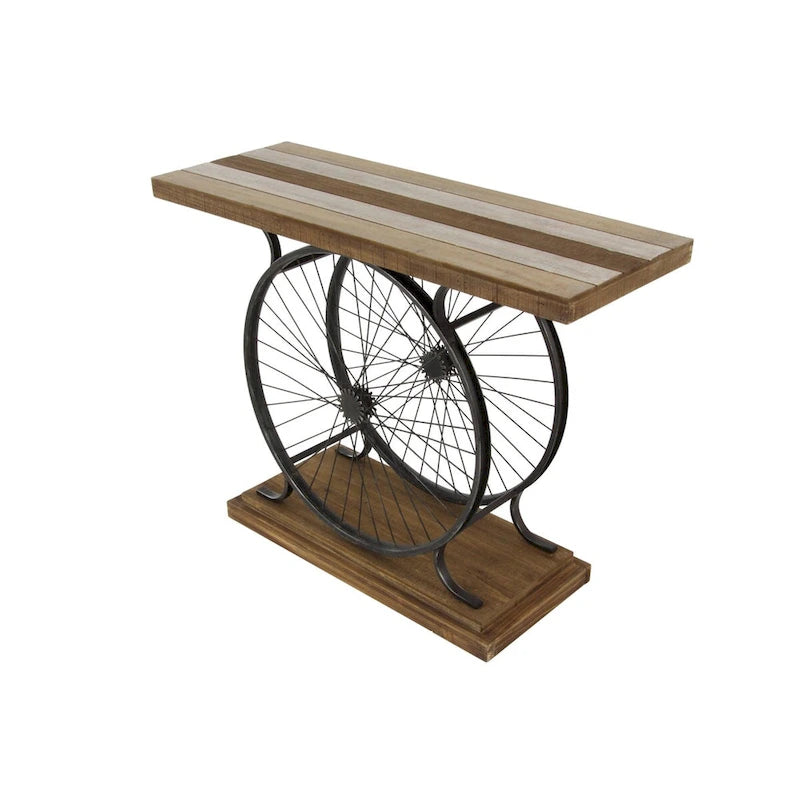 Wood Bike Wide Slatted Top Console Table with Dual Wheel Frame and Tiered Base - Brown or Blue - Roche River Decor
