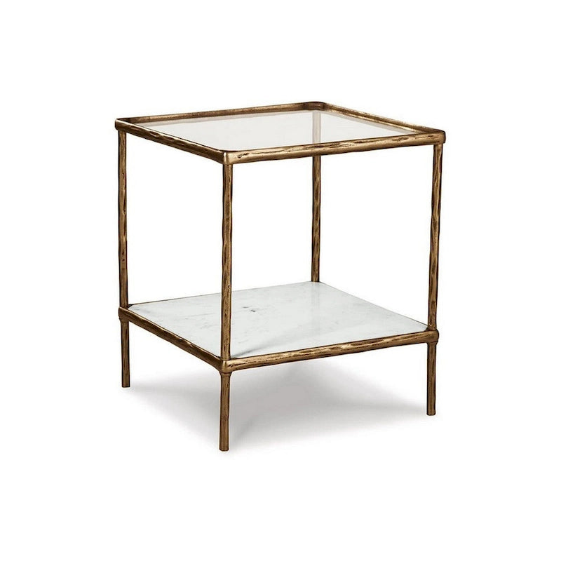 Dalie 25 Inch Accent Table, Square Glass Tabletop, Marble, Antique Gold