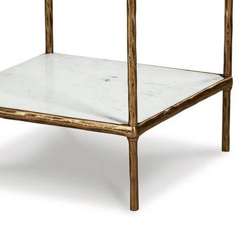 Dalie 25 Inch Accent Table, Square Glass Tabletop, Marble, Antique Gold