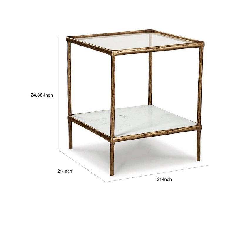 Dalie 25 Inch Accent Table, Square Glass Tabletop, Marble, Antique Gold
