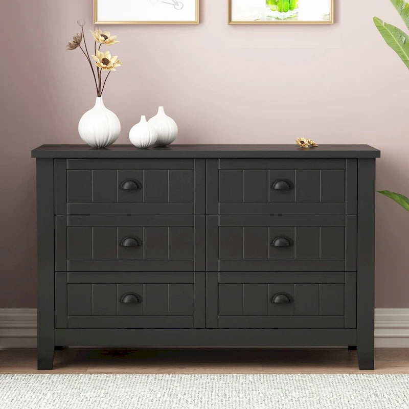 Farmhouse Black Solid Wood Entryway Storage Cabinet with Six Drawers