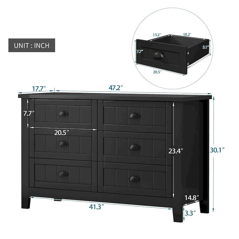 Farmhouse Black Solid Wood Entryway Storage Cabinet with Six Drawers