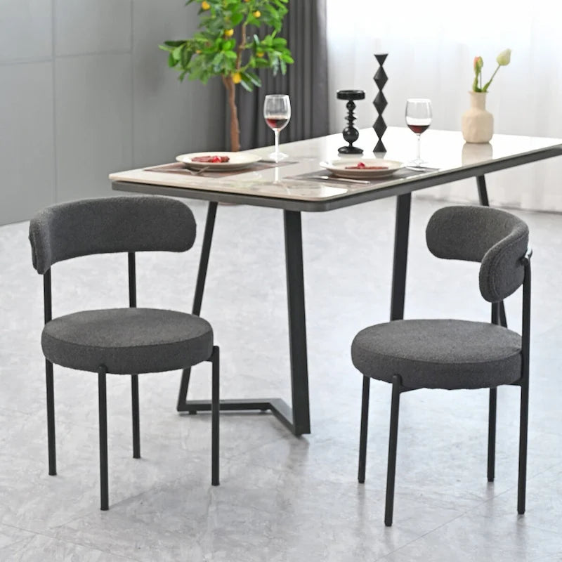 Modern Round Upholstered Boucle Dining Chairs Set of 2, Curved Backrest and black metal spray-painted legs