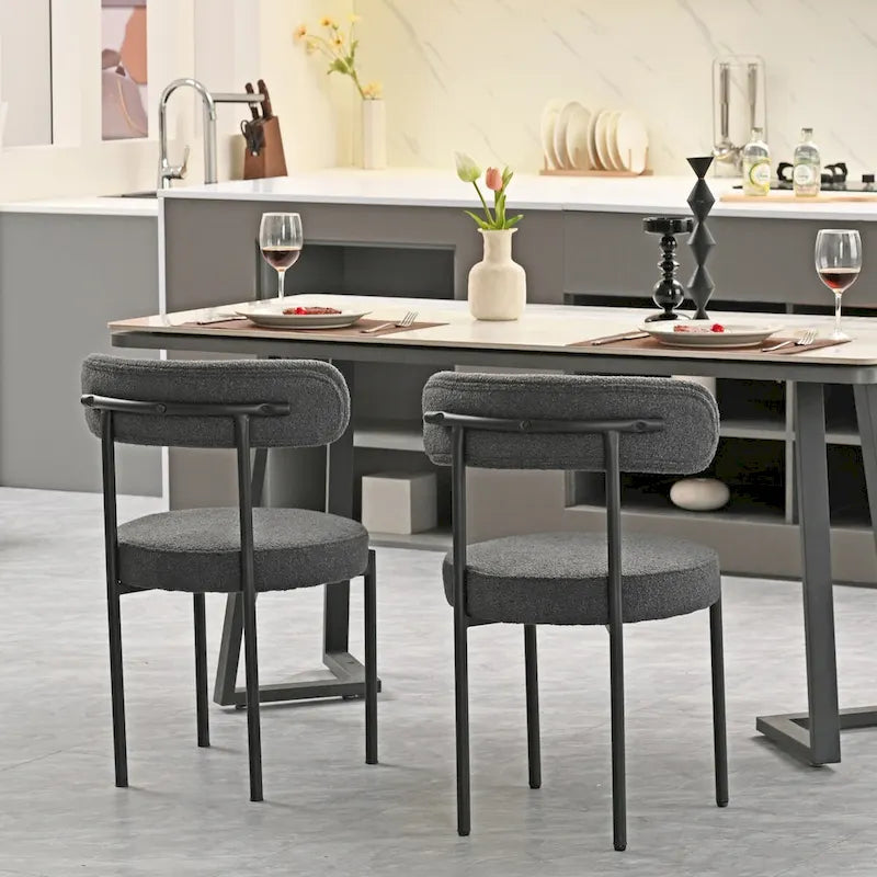 Modern Round Upholstered Boucle Dining Chairs Set of 2, Curved Backrest and black metal spray-painted legs